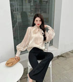 Hnzxzm Autumn Vintage Satin Silk Shirt Women Fashion Blouse Elegant Turn Down Collar Female Blouse White Long Sleeve Shirts Tops