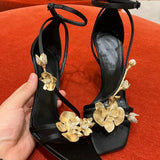 Hnzxzm Star style Metal Flowers Women Sandals Sexy Narrow band Stiletto High heels Gladiator Sandals Summer Fashion Party Prom Shoes