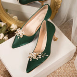 Hnzxzm Flowers Pointed Toe Pumps for Women New Green Silk Low Heels Shoes Woman Slip on Thin Heeled Lady Shoes Green Party Shoes