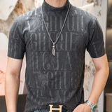 Hnzxzm Spring Autumn Season New Solid Jacquard Half High Neck Short Sleeve T-shirt Men Slim Warm Breathable Casual Versatile Thick Top