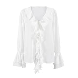 Hnzxzm Chiffon White Ruffled Shirts Women Flare Sleeve Oversize Laminated Flounces Elegant Blouses And Tops Streetwear 2024