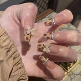 Hnzxzm 24Ps Leopard chain white long Wearing Reusable False Nails Art Ballerina Press On Nail Tips Full Cover Artificial Fake Nails Set