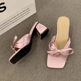 Hnzxzm Bow Chunky Summer Shoes New Sexy High Heels Women Slippers Sandals Designer Flip Flops Open Toe Party Shoes Pumps Slides