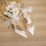 Hnzxzm Size 31-43 Pearls Chain Bow High Heels Women's Stiletto Heel Pointed Toe White Bridal Shoes White Wedding Shoes