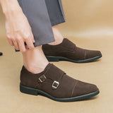 Hnzxzm New Brown Loafers Flock Double Buckle Monk Shoes Black Square Toe Slip-On Business Men Dress Shoes Size 38-46