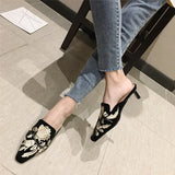 Hnzxzm Women Slippers Pointed Toe Slip on Half Slippers Fashion Elegant Embroider Mules Autumn Outdoor Casual Ladies Middle Heel Slides