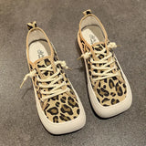 Hnzxzm Wide Feet Square Toe Canvas Loafers Women's Leisure Lace Up Sneakers Platform Leopard Zebra Print Shoes Student Running Shoes