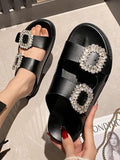 Hnzxzm Fashion Solid Platform Slippers Female Summer Outside Wear Square Buckle Rhinestone Temperament Sandals Female Flip-flops 2024