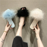 Hnzxzm Summer Fluffy Slides Vintage Feather Women's Slippers and Ladies Sandals Flat Shoes Pink Fuzzy Furry Trend New Style I F B