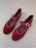 Hnzxzm Velvet Mary Jane Shoes for Women Hand Stitch Casual Streetwear Ballet Flats Pumps Female Solid Color Red Cloth Shoes Loafers