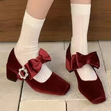 Hnzxzm Square Toe Suede Mary Jane Shoes High Heels Women Bow Crystal Sandals 2025 Spring Lolita Shoes Brand Chunky Party Dress Pumps