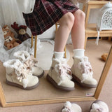 Hnzxzm Trendy Mid-term Plush Boots Winter Plush New Cute Flat Bottomed Round Bow Casual Women's Snow Boots Zapatos Mujer Sneakers