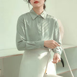 Hnzxzm Light Green Satin Silk Blouse Women 2024 Spring Casual Long Sleeve Turn-down Collar Shirt Office Lady Korean Loose Tops Workwear