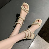 Hnzxzm Pearl Sandals for Women Summer 2024 Zip Block Heel Open Toe Beige Footwear with Medium Heels Ladies Shoes Outdoor Roman Style H