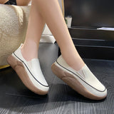 Hnzxzm Pu Leather Platform Loafers Women Spring Anti-slip Round Toe Flat Shoes Woman Slip on Flat Heels Casual Shoes White Sneaker