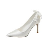 Hnzxzm Bow Wedding Dress Shoes White High Heels Women's Silk Banquet Single Shoe Bridal Shoes Small Size 33-43 Botines Mujer Con Tacon