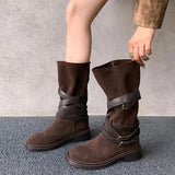 Hnzxzm Pleated Buckle Knight Boots for Women Autumn New Faux Suede Brown Mid-calf Boots Woman Slip-On Thick Heel Booties Botas De Mujer