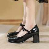 Hnzxzm Chunky Heels Pumps Women Mary Jane Shoes with Bow Black Patent Leather Elegant Heeled Office Dress Party Lady Shoes