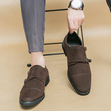 Hnzxzm New Brown Loafers Flock Double Buckle Monk Shoes Black Square Toe Slip-On Business Men Dress Shoes Size 38-46