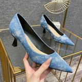 Hnzxzm Denim High Heel Women Pointed Toe Pump Elegant Office Shoes 2024 New Blue Fashions Designer Rhinestone Cowboy Low Heel Pumps