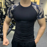 Hnzxzm Sports Quick Drying Sweat Wicking Breathable Elastic Short Sleeved T-shirt Men's O-neck Panelled Running Camouflage Fitness Tops