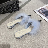 Hnzxzm Pointy Mule Shoes Women's Fluffy 2024 Summer Dress Elegant Slingback Sandals Party Slide Simple and Shallow Cut Style