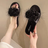 Hnzxzm Slides Black Sandals Open Toe Shoes for Women Outside Summer Fluffy Woman Slippers Fuzzy Furry Low Heel I H Sandal Normal