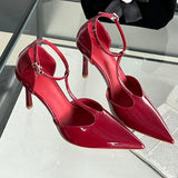 Hnzxzm Sexy Red High Heels Women Pointed Toe Party Dress Shoes T-Strap Patent Leather Elegant Slingback Thin Heels Female Sandals Women