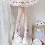 Hnzxzm Lolita Shoes Boots Woman Winter Platform Heels Women's Mid Calf Booties Gothic Pink Kawaii Chain JK Cosplay Japanese Style
