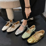 Hnzxzm Women Flat Shoes Genuine Leather Sheepskin Comfort Flats Slip On Silver Beige Simple Shoes Spring Autumn Soft Loafers Square Toe