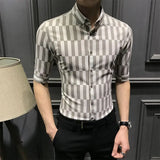 Hnzxzm Summer New Print Striped Men's Medium Sleeved Shirt Korean Trend Button Casual Fashion Versatile Pointed Collar Half Sleeve Top