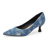 Hnzxzm Denim High Heel Women Pointed Toe Pump Elegant Office Shoes 2024 New Blue Fashions Designer Rhinestone Cowboy Low Heel Pumps