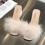 Hnzxzm Sandal Women Summer Outdoor Fashion Slippers Square Toe High Heels Office Ladies Feather Slides Chic Classics Furry Shoes