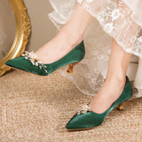 Hnzxzm Flowers Pointed Toe Pumps for Women New Green Silk Low Heels Shoes Woman Slip on Thin Heeled Lady Shoes Green Party Shoes