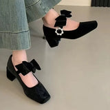 Hnzxzm Square Toe Suede Mary Jane Shoes High Heels Women Bow Crystal Sandals 2025 Spring Lolita Shoes Brand Chunky Party Dress Pumps