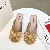 Hnzxzm Summer Mules Slides Black Woman Slippers Crystals Shoes for Women Rhenstone Jewels Sandals with Bow Jelly Low Heel Casual I