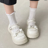 Hnzxzm Kawaii Lace Bowknot White Lolita Shoes Women Heart Buckle Platform Mary Janes Woman Japanese Style Patent Leather Jk Shoes