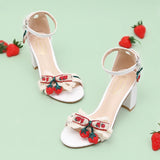 Hnzxzm Summer Sweet Strawberry Flower Sandals Sweet Girl Ankle Strap Open Toe Lace Bowknot Shoes Chunky Square Heel Daily Wear Pumps