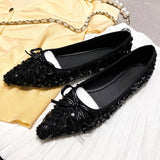 Hnzxzm 2024 Autumn Black Bling Women Flats Elegant Pointed Toe Footwear Classic Bowknot Shallow Slip-on Soft Sole Date Shoes for Lady