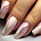 Hnzxzm 24Pcs Medium Long Ballet Fake Nails Art Flat Head Gold Line Frosted False Nails Press on Full Cover Removable Stick on Nail Tips