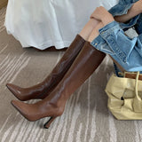 Hnzxzm Winter Women Long Boots Fashion Thin High Heel Knee High Booties Ladies Black Brown Sexy Woman Knight Boats Botas De Mujer