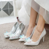 Hnzxzm Plus 33 34~43 Luxury Crystal Wedding Shoes for Women Pointed Toe Cinderella Rhinestone High Heels Sequin White Wedding Shoes