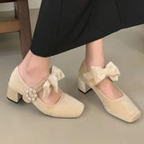 Hnzxzm Square Toe Suede Mary Jane Shoes High Heels Women Bow Crystal Sandals 2025 Spring Lolita Shoes Brand Chunky Party Dress Pumps