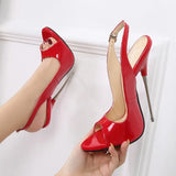 Hnzxzm Back Loop High Heels Shiny Sexy Women Patent Leather Peep-toe Pumps Sex Prop 16cm Metal Stiletto Pumps Plus Size 35-46 Black Red