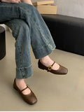 Hnzxzm Silvery Women Mary Jane Shoes Fashion Shallow Retro Style Leather Ladies Comfort Soft Sole Flats Graany Footwear