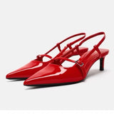 Hnzxzm Patent Leather Women Sandals Sexy Pointed Toe Back Strap Buckle Summer Slingback Footwear Large Size High Heel Red Wedding Shoes