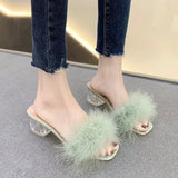 Hnzxzm Sandal Women Summer Outdoor Fashion Slippers Square Toe High Heels Office Ladies Feather Slides Chic Classics Furry Shoes