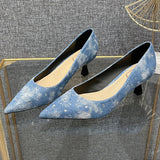 Hnzxzm Denim High Heel Women Pointed Toe Pump Elegant Office Shoes 2024 New Blue Fashions Designer Rhinestone Cowboy Low Heel Pumps