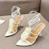 Hnzxzm Size 35-41 Sexy Pointed Toe Lace Up High Heels White Sandals For Women Silk Rose Flowers Summer Party Dress Shoes Pumps