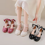 Hnzxzm New Bow High Heel Sandals with Fairy Style Trendy Mary Jane Net Red Pearl Hollow Thick Heel Sandals